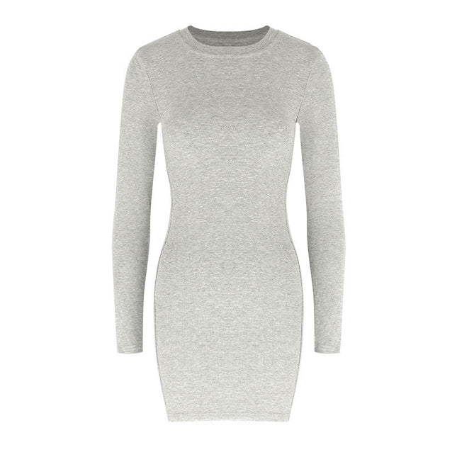 AC453 Cross-border New Round Neck Solid Color Elastic Tight Long Sleeve Bag Hip Slim-fit Slimming Figure dress