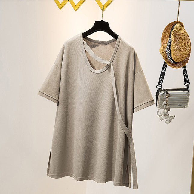 Niche Design Sense Mid-length Short-sleeved T-shirt 2024 Summer chubby girl plus size Women's Loose Slimming All-match Solid Color Top