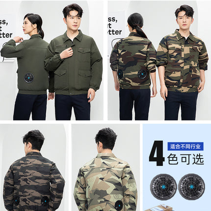 Summer Cooling Camouflage Military Green Air-Conditioned Clothing Long-Sleeved Men's Clothing with Fan Work Clothes Men's Summer Short Cooling Construction Site
