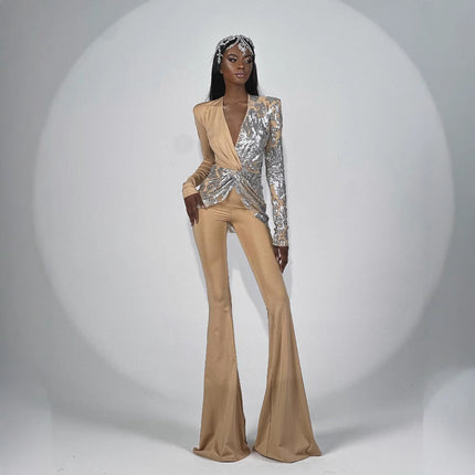 Independent Station Explosions Deep V Stitching Sequins Long Sleeve Slim Fit Bell Pants Pants Sexy Slim Party Evening Dress