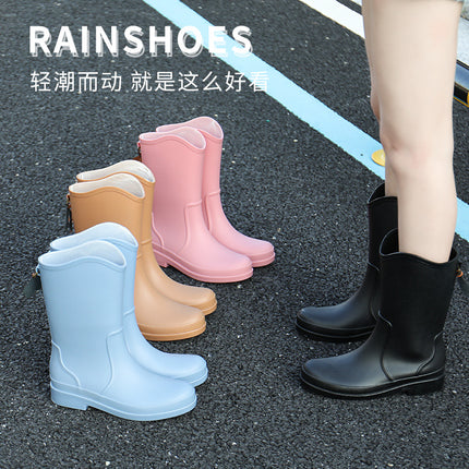 Cross-border New High Rain Shoes Women's Online Popular Fashion Water Boots Solid Color Waterproof Non-slip Warm Outer Wear fleece-lined Warm Boots