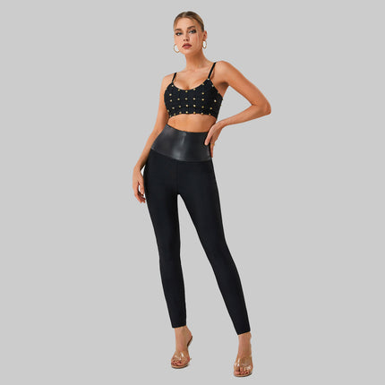 Foreign trade European and American bandage dress pants black outer wear cross-border trousers polyester fiber high elastic tights in stock