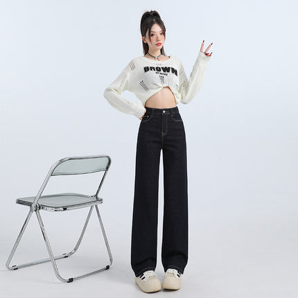 Korean-style Casual Tannin Blue High-waist Straight Pants 2025 Spring New All-match Stretch Slim-fit Jeans for Women