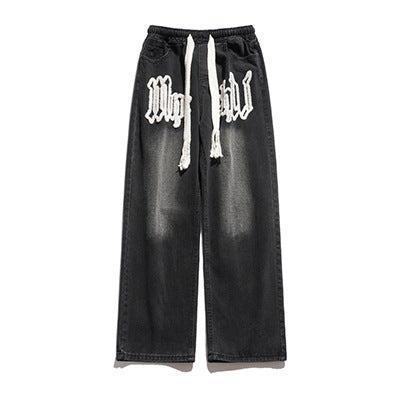 Jeans Men's Four Seasons Trendy All-Match Straight Loose Casual Trousers Towel Embroidered High Street Wide-Leg Denim Pants