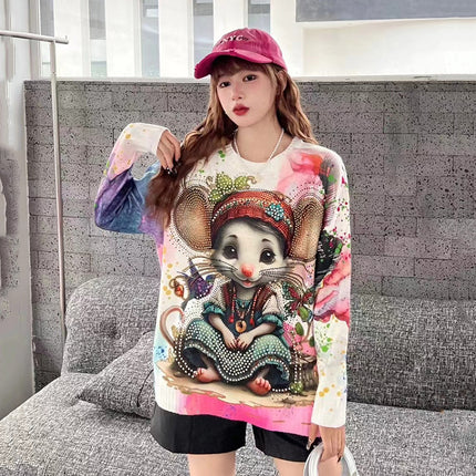 2025 Autumn and Winter New Heavy Industry Hot Drilling Tie-Dyeing Cartoon Sweater Women's Loose Fashion Top European Belly Covering Sweater