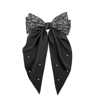 Retro Chanel style floral pearl big bow hairpin back head temperament long ribbon spring ponytail clip female