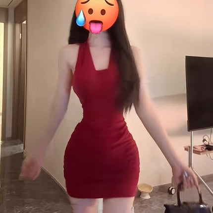 Hot Girl Style Figure-Showing Backless Red Halterneck Dress for Women Summer New High-End Waist Slimming Hip-Hugging Skirt
