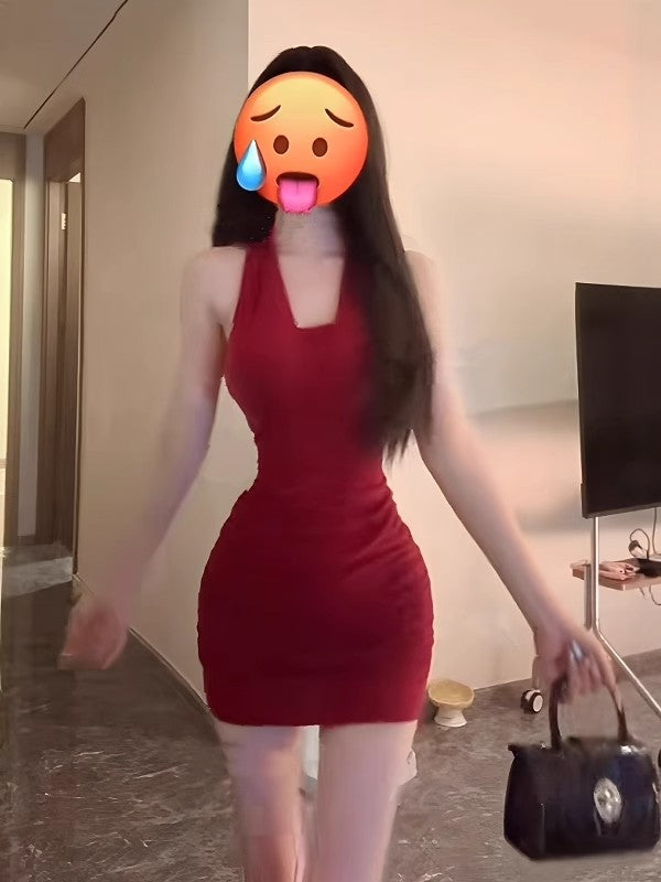 Hot Girl Style Figure-Showing Backless Red Halterneck Dress for Women Summer New High-End Waist Slimming Hip-Hugging Skirt