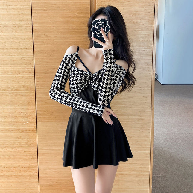 Swimsuit Women's Skirt-style One-piece Two-piece Set Conservative Belly-covering Slimming Sexy Beautiful Back Long-sleeved Super Fairy ins Small Chest Hot Spring