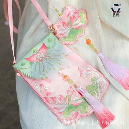 [Yuantai] Embroidered Hanfu Bag Antique Retro Embroidered Lotus Accessories Bag Guofeng Mobile Phone Bag Embroidered Sachet