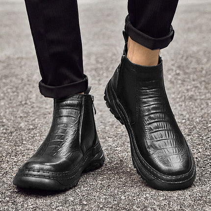 Men's Shoes Casual Shoes Business Leather Boots Outdoor Casual Ankle Boots Autumn and Winter High-top Foot Crocodile Pattern Craft Noodles Adult