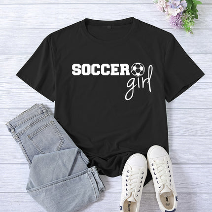 Amazon cross-border foreign trade soccer girl printed women's round neck top T-shirt summer casual European size plus size
