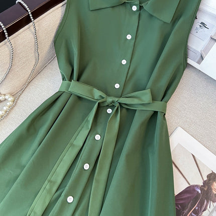 Retro Literary Green Shirt Sleeveless Dress Women's Simple Casual Summer Comfortable and Relaxed Atmosphere Long Skirt