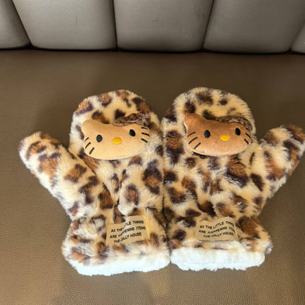 Leopard Print Cat Gloves Women's Winter Plush Gloves Student Cold-Proof Cycling Warm Fleece-Lined Thickeneding 2024 New Style