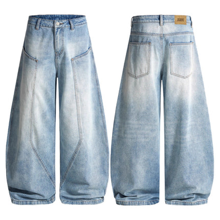 Lktm Men's Clothing American-Style Design with Three-Dimensional Cutting and Patchwork Denim Pants, Trendy Brand Baggy Wide-Leg Curved Pants for Men and Women