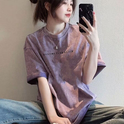 Washed Distressed Pure Cotton Short-Sleeved T-Shirt for Women Ins Trendy Loose Retro Large Size Slim Couple Half-Sleeved Top Summer