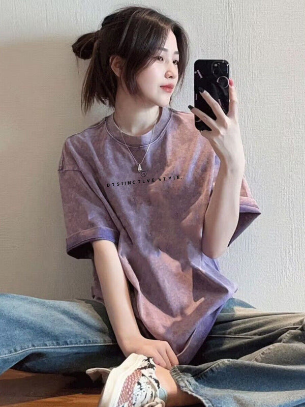 Washed Distressed Pure Cotton Short-Sleeved T-Shirt for Women Ins Trendy Loose Retro Large Size Slim Couple Half-Sleeved Top Summer