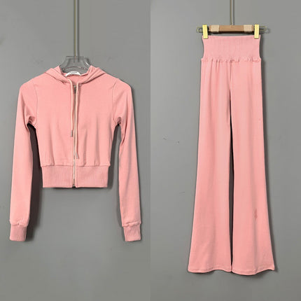 South Korea Dongdaemun slim-fit sexy figure-flattering sports suit women's hooded zipper short coat + flared pants