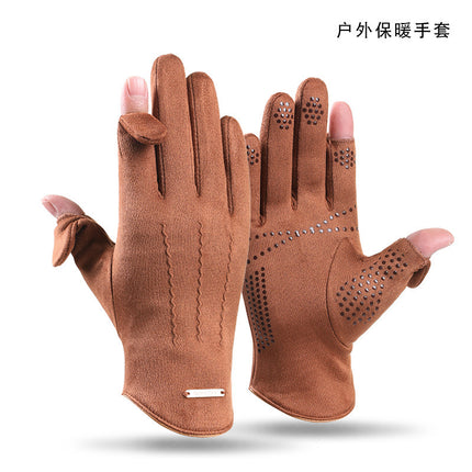 Warm Gloves for Autumn and Winter, Men's and Women's Models, Soft, Windproof, Cold-Proof, Non-Slip, Fingerless, Suede Full-Finger Cycling Gloves