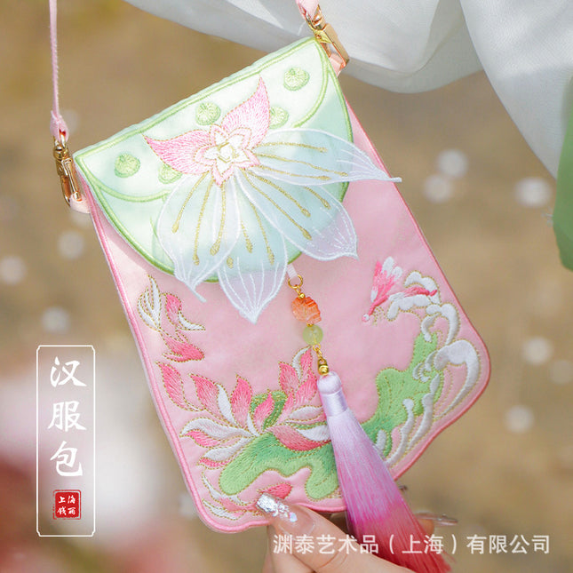 [Yuantai] Embroidered Hanfu Bag Antique Retro Embroidered Lotus Accessories Bag Guofeng Mobile Phone Bag Embroidered Sachet