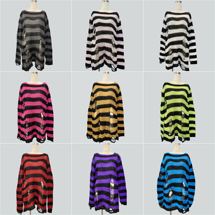 Niche dark classic mohair new thin striped ripped loose long European and American Foreign trade sweater