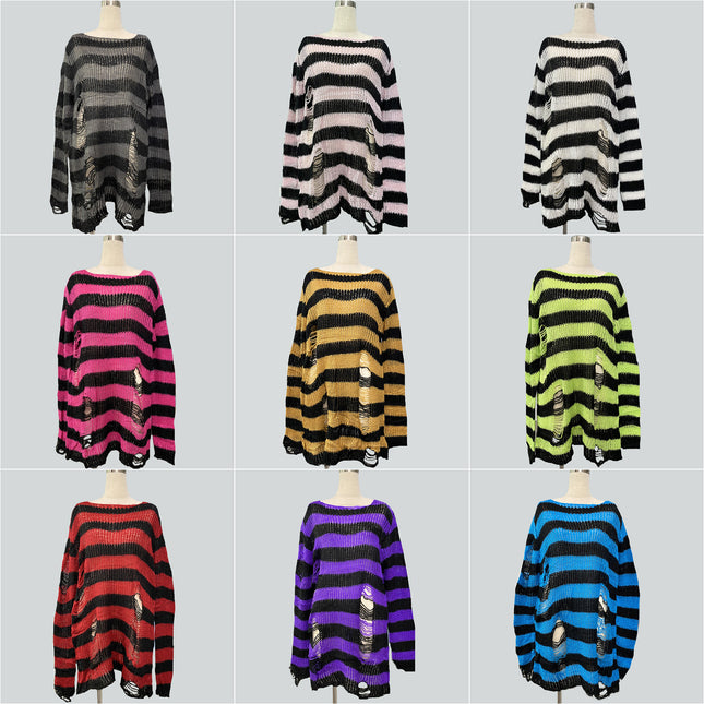Niche dark classic mohair new thin striped ripped loose long European and American Foreign trade sweater