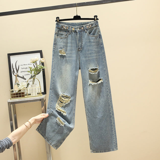 Vintage Ripped Wide-Leg Jeans for Women 2025 New Loose Plus-Size Petite Floor-Length Straight Pants
