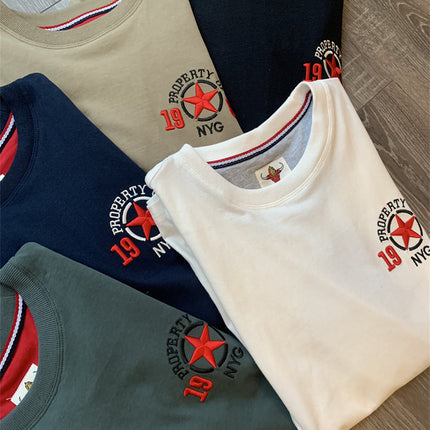 Us Orders! Brushed Long-Staple Cotton! Summer Men's Versatile Casual Short-Sleeve T-Shirt with Five-Pointed Star Embroidery, Breathable