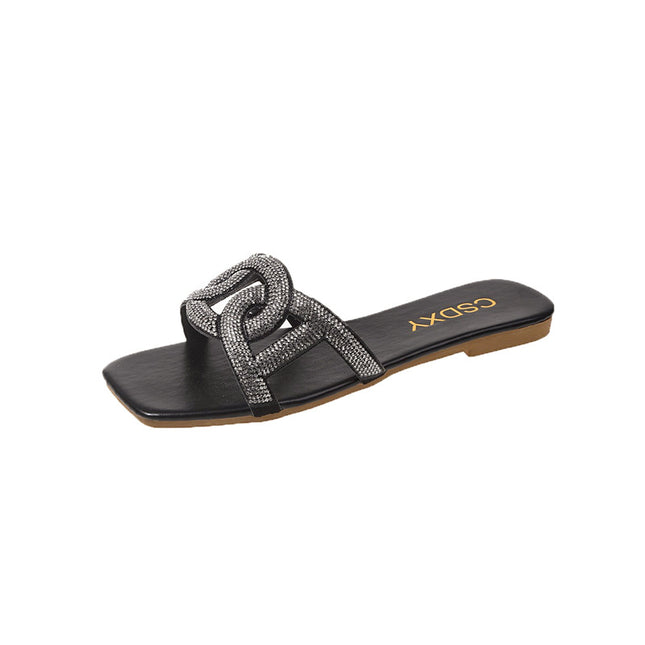 Cross-border Trade Rhinestone Cross Flat Slippers Women's 2024 Summer New Square Head Low-heeled Beach Sandals