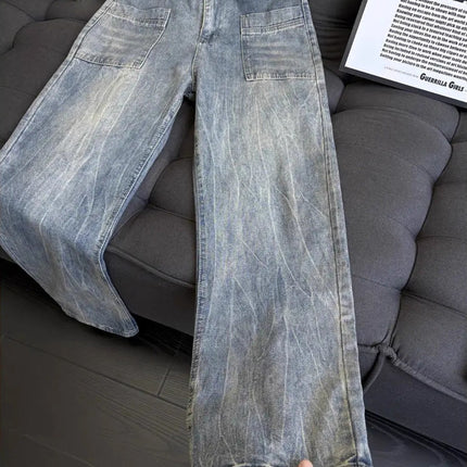 American Retro Lightning Pattern Jeans for Men, Autumn New Washed Pants, Loose Straight-Leg Pocket Design, Flared Pants