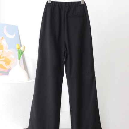 Black High-Waisted Cargo Casual Pants for Petite Figures, with Cuffs, Buttoned, Curved Knife-Cut Wide-Leg Pants, Comfortable and Leg-Lengthening, Suitable for Spring