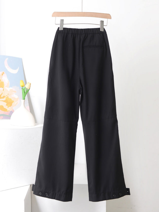 Black High-Waisted Cargo Casual Pants for Petite Figures, with Cuffs, Buttoned, Curved Knife-Cut Wide-Leg Pants, Comfortable and Leg-Lengthening, Suitable for Spring