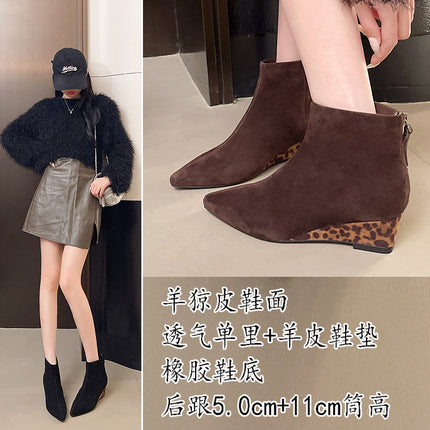 Sheepskin Leopard Print Wedge Short Boots for Women 2025 Autum New Retro Style High Heel Rear Zipper Slim Boots for Women