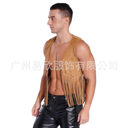 Fringed Vest Men's Imitation Suede Front Open Vintage Vest Sleeveless 70 s Bohemian West Jacket