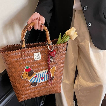 Hand-Held Vegetable Basket, Dachshund Dog Retro Woven Bag, Rattan Commuting Holiday Style Large-Capacity Beach Bag, Bamboo Hand Carry