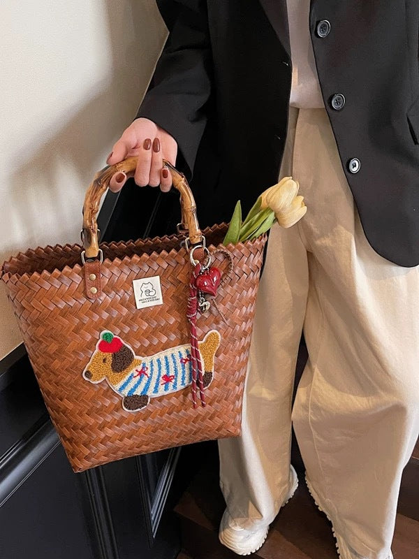 Hand-Held Vegetable Basket, Dachshund Dog Retro Woven Bag, Rattan Commuting Holiday Style Large-Capacity Beach Bag, Bamboo Hand Carry