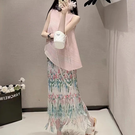 Fashionable Age-Reducing Two-Piece Set for Women, Miyake Sleeveless Top, Pleated Tassel Skirt Suit, Women's Matching Set