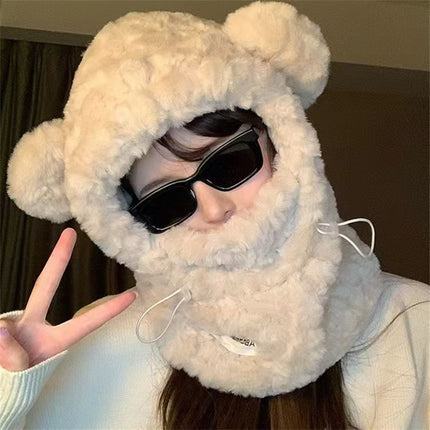 Korean Cute Plush Ear Protection Three-In-One Women's Thickeneded Mask Scarf All-In-One Cycling Warm Winter Bear Hat