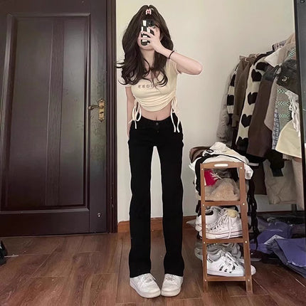 Black High Waist Straight Jeans Women's Trendy All-match New Slim-fit Slimming Smoke Pipe Stack Narrow Wide-leg Trousers