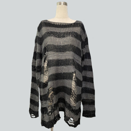Niche dark classic mohair new thin striped ripped loose long European and American Foreign trade sweater