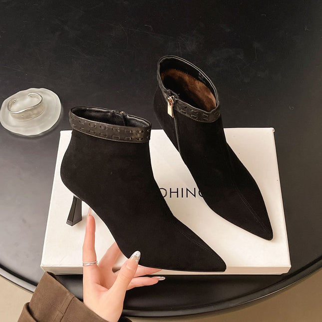 Sheepskin High-Heeled Pointed-Toe Short Boots for Women 2025 Autum New Retro Elegant Soft Single Boots Fashionable Casual Leather Boots