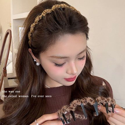 Plush Leopard Print Headband for Women, Autumn Hair Accessory for Tidying up Stray Hair, High Cranial Headband, Hair Clip, Hair Accessory, Korean Style Headband