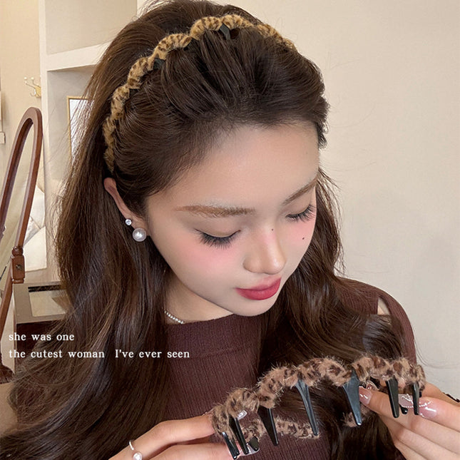 Plush Leopard Print Headband for Women, Autumn Hair Accessory for Tidying up Stray Hair, High Cranial Headband, Hair Clip, Hair Accessory, Korean Style Headband