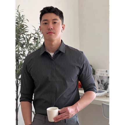 Spring and Autumn Korean Style High-end Sense Light Mature Style Light Business Casual Shirt Men's Slim-fit Hidden Button Long-sleeved Striped Shirt