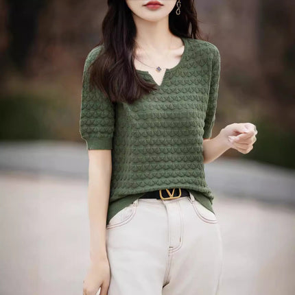 Pure Cotton Knitted Short-Sleeved Women's Spring and Summer New Elegant Half-Sleeved Cut Out Loose Fashion Pure Color T-Shirt Top
