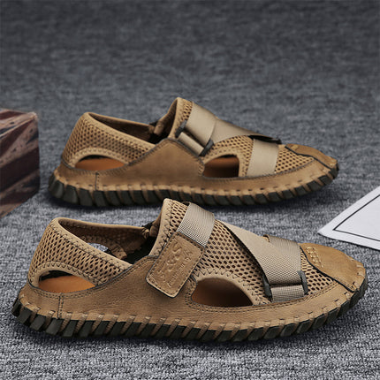 Cross-Border Hot-Selling Summer New Products Large Size Hand-Stitched Casual Breathable Mesh Genuine Leather Toe-Cap Sandals and River Shoes