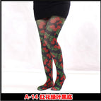 A-14 red flower green leaves black bottom / Printed pantyhose free size