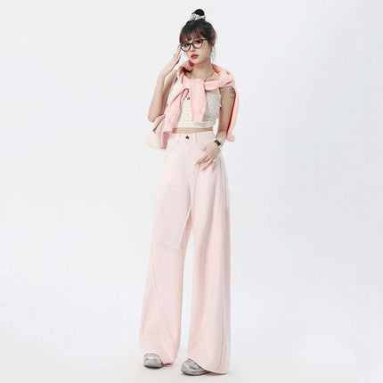 Wholesale Dropshipping Trendy Spring and Summer High-Waisted Loose Straight Wide-Leg Pants with Playful Pink Floor-Length Design