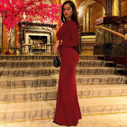 Independent Station Cross-Border Hot Sale Autumn Women's Solid Color Long-Sleeved Round Neck Pleated Simple Sexy Dinner Hip-Hugging Dress