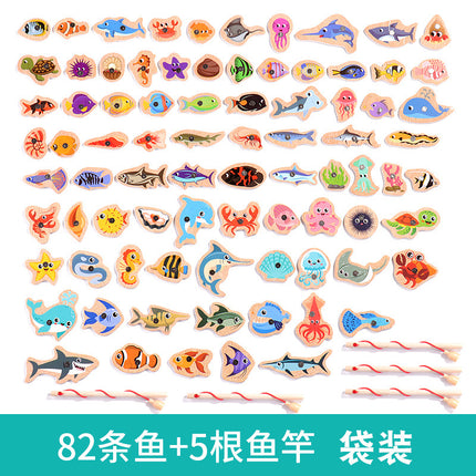 Magnetic Wooden Barrel Marine Fishing Toy Children's Early Education Educational Cognitive Fun Boys and Girls Parent-Child Games
